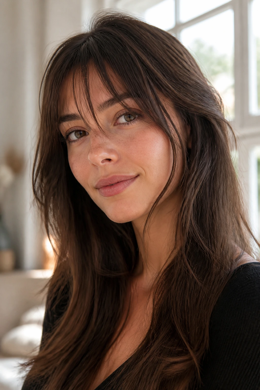 Portrait of woman with long hair and wispy fringe in natural daylight