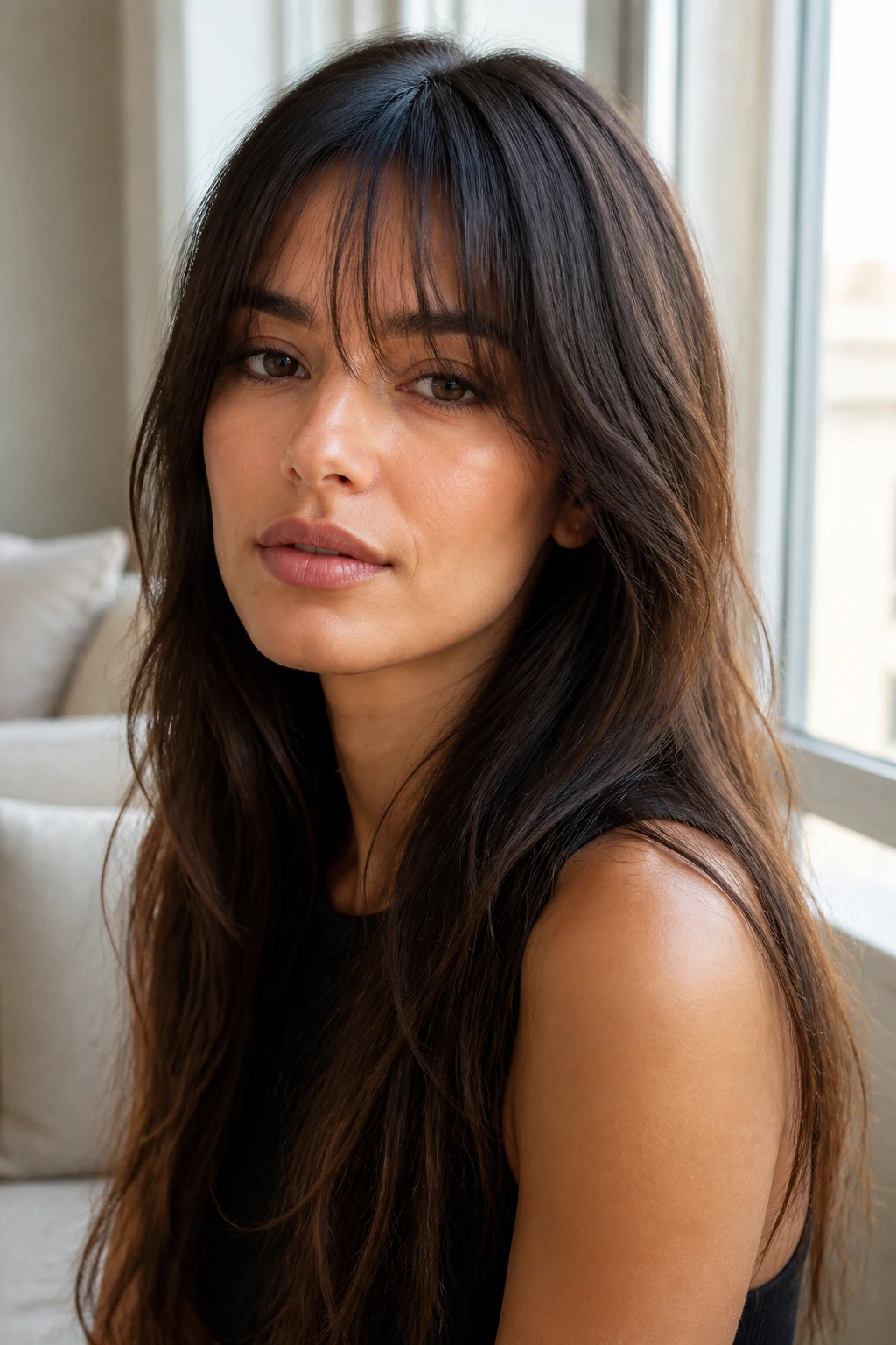Portrait of a woman with wispy fringe and long hair framing the face