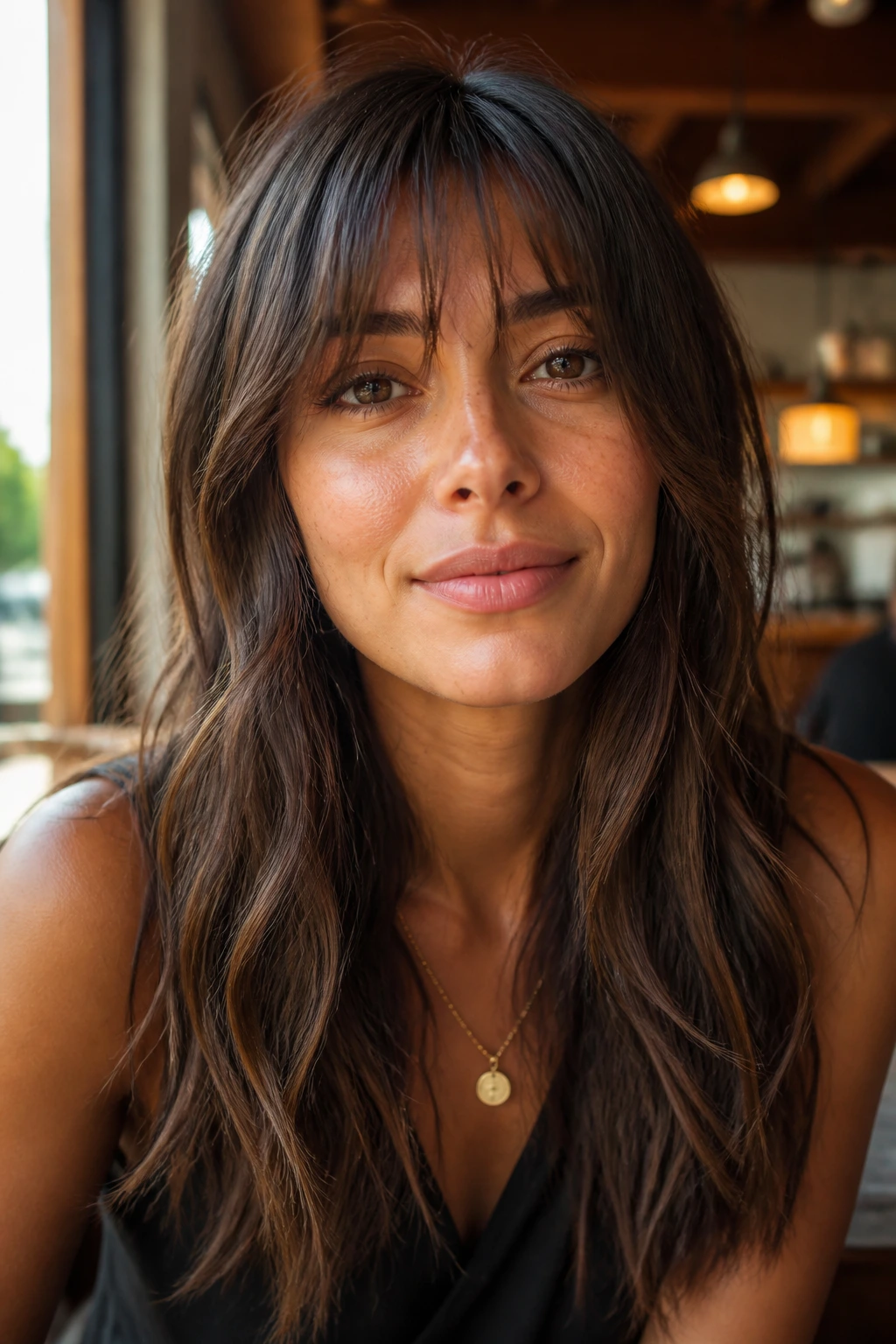 Close-up portrait of a woman with wispy fringe and long waves in warm natural light