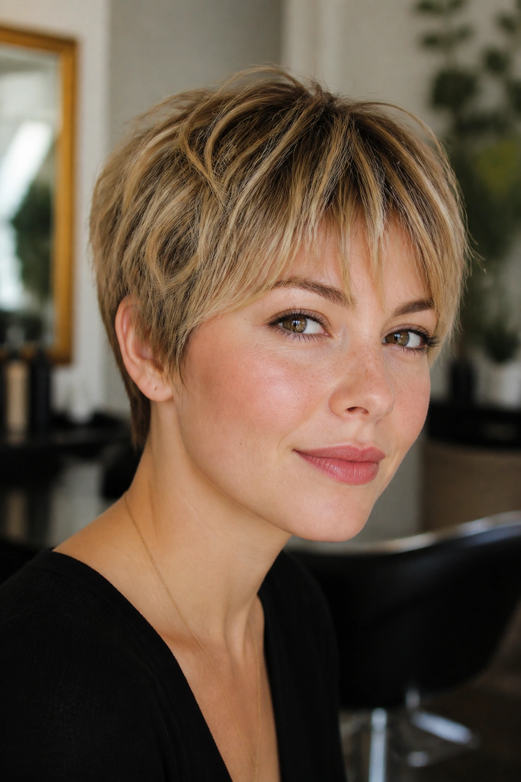 Portrait of a woman with wispy broken-up fringe pixie in soft light.