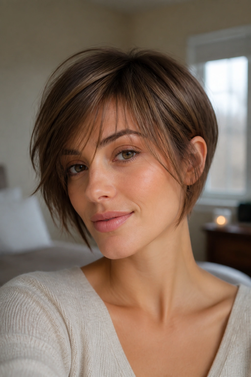 Close-up of a real woman with wispy fringe long pixie bob and light texture