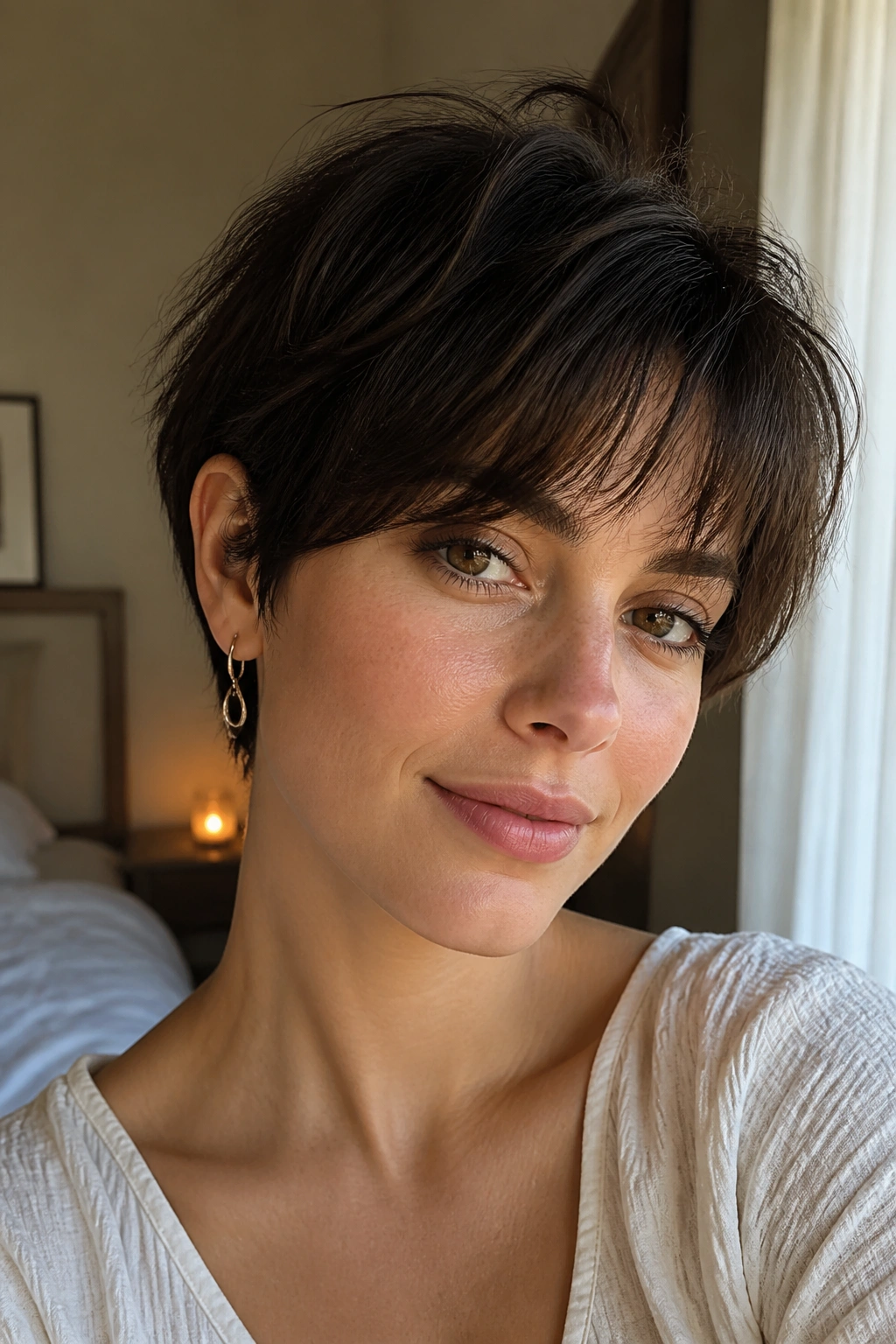 Close-up portrait of a real woman with wispy fringe long pixie skimming forehead in warm bedroom light