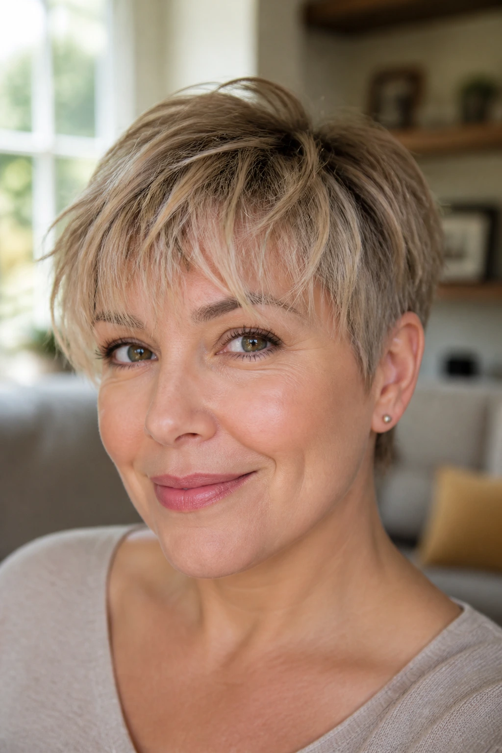 Real woman with wispy fringe pixie framing the eyes