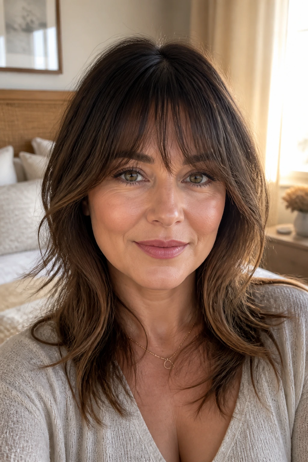 Close-up of a real woman with wispy fringe elongating a round face in warm window light