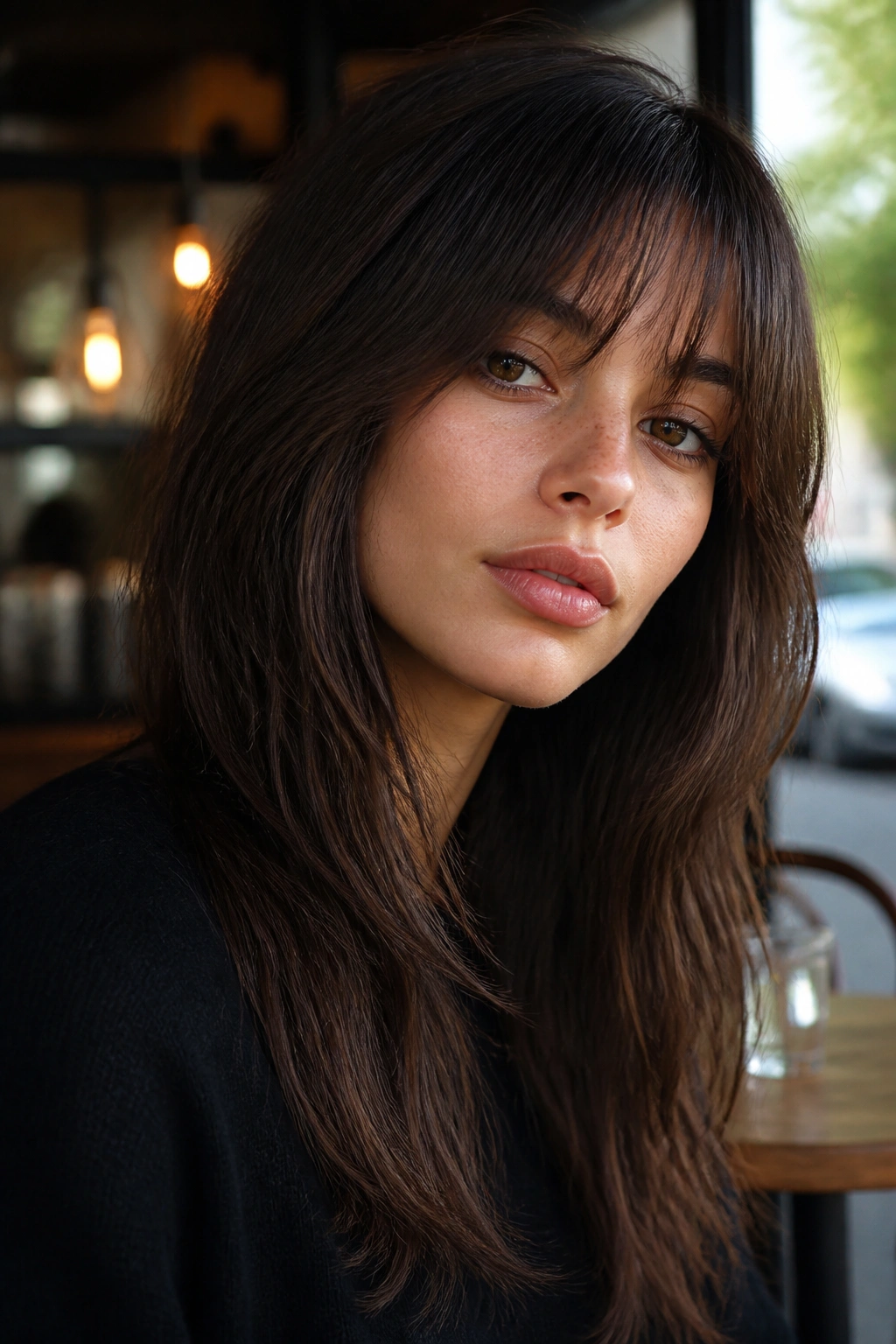 Close-up of a real person with wispy fringe and long sides wolf cut.