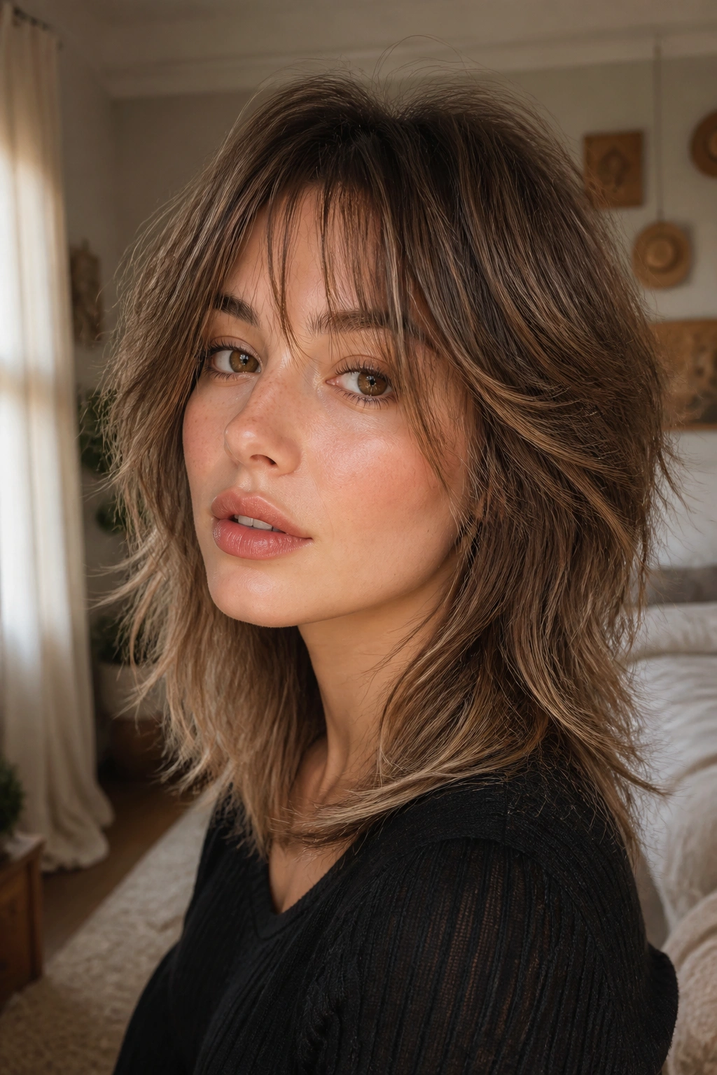 Close-up portrait of a real person with wispy fringe wolf cut under natural window light