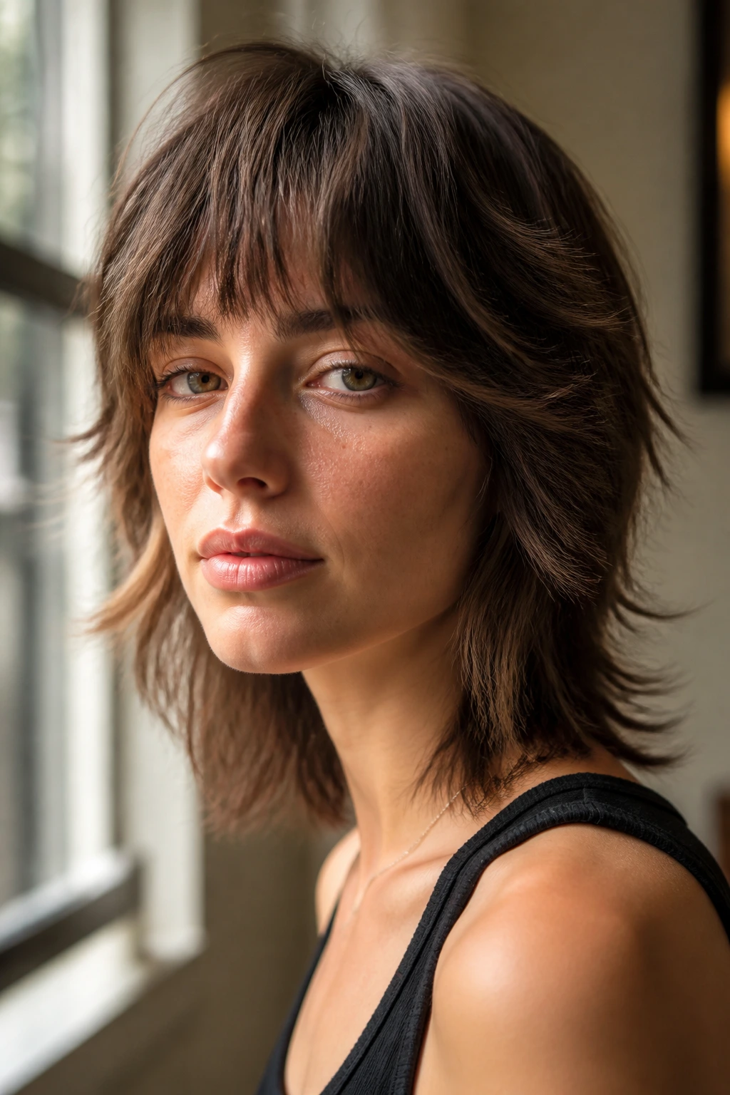 Portrait of a real person with wispy fringe shaggy wolf cut near a window.