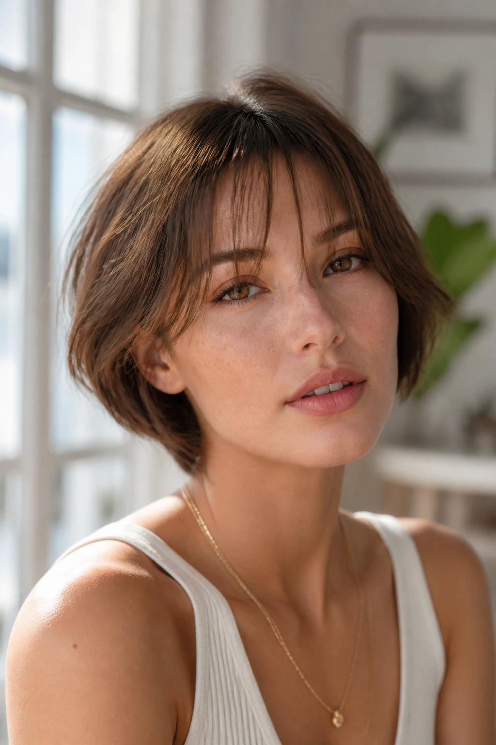 Close-up of a woman with wispy layered bangs framed by soft window light.