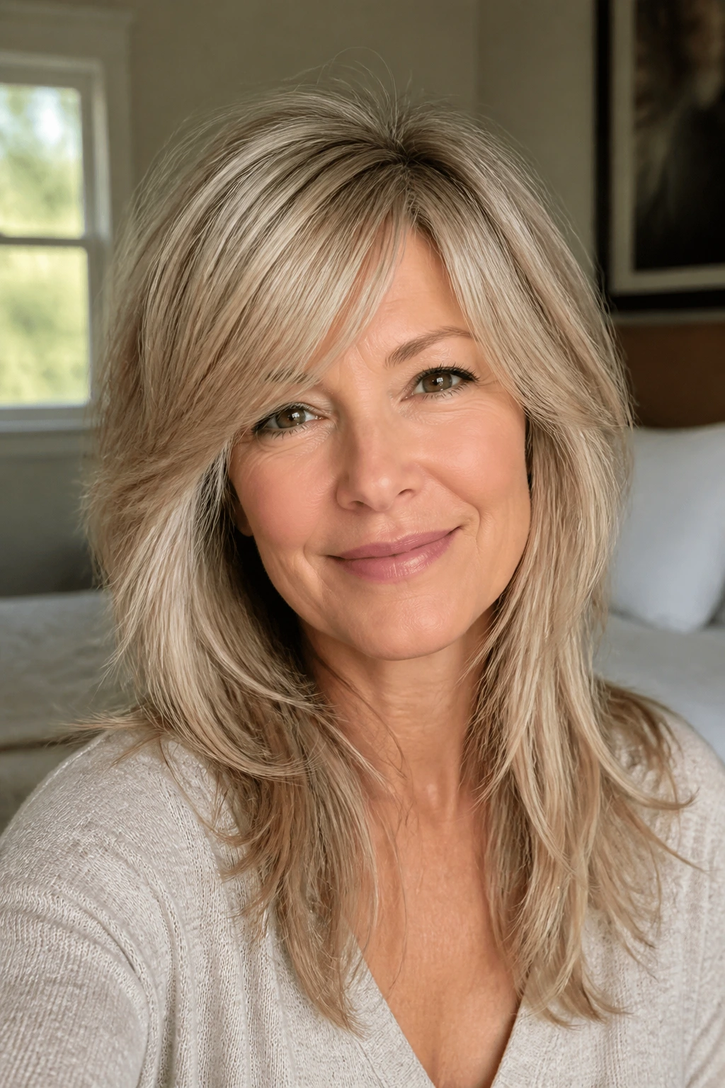 Portrait of a real woman with wispy layers and side-swept bangs in soft daylight