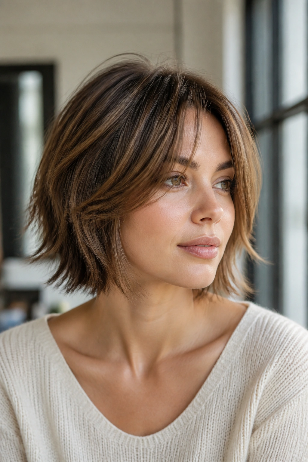 Real person with wispy layers on fine hair, lifting the cheeks.