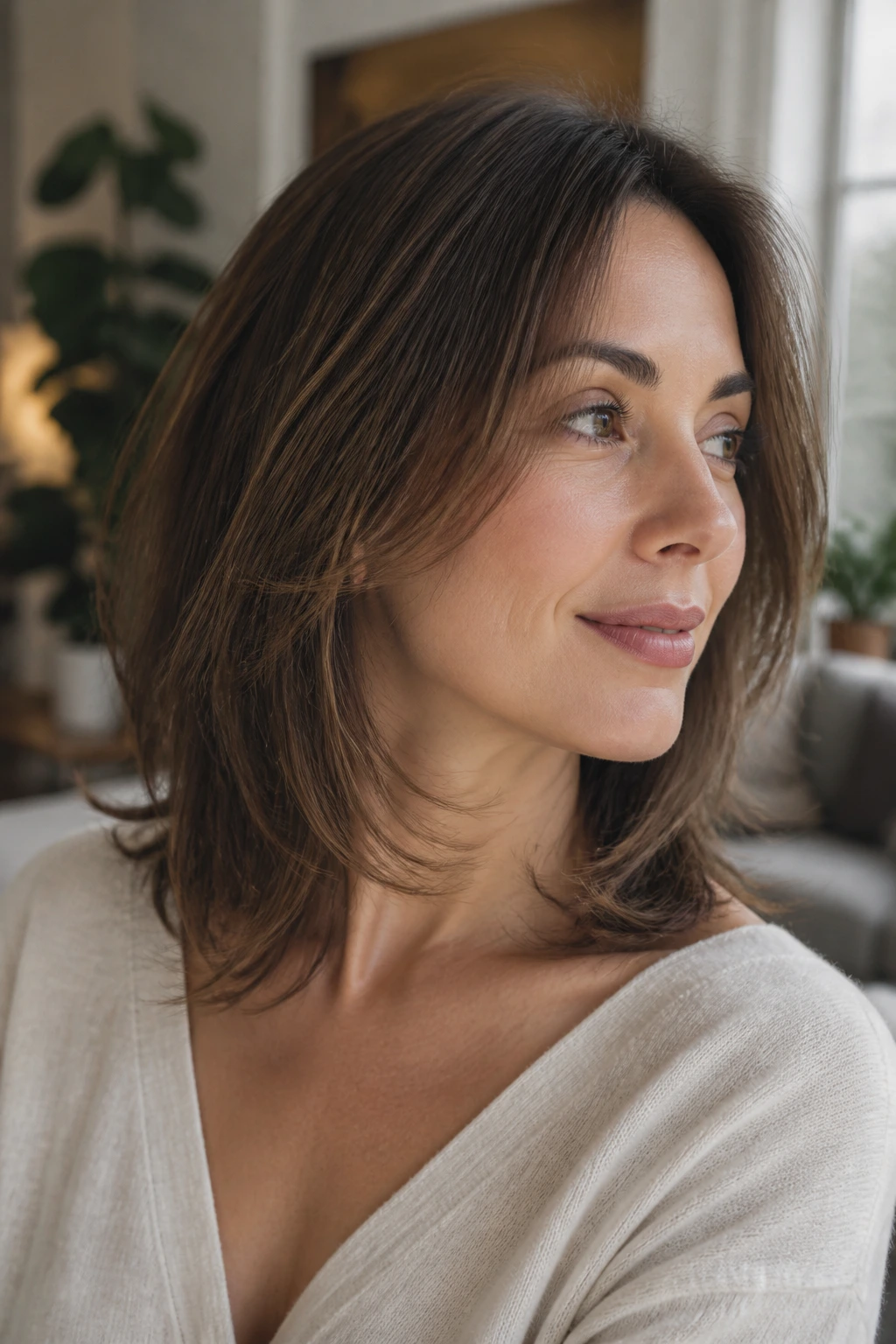 Close-up of a real woman with fine hair showing wispy internal layers