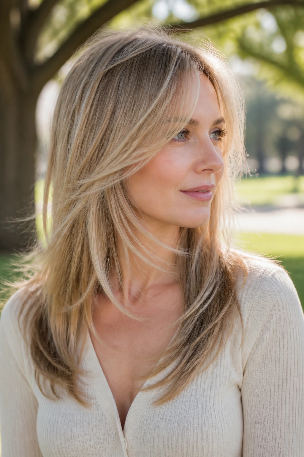 Close-up of a real woman with wispy layers on fine hair.