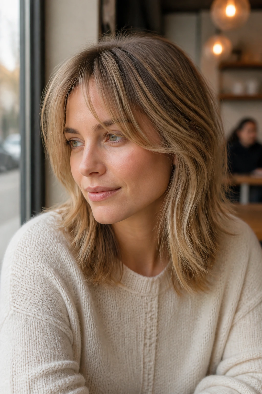 Close-up of a real person with wispy layers on fine hair in soft daylight