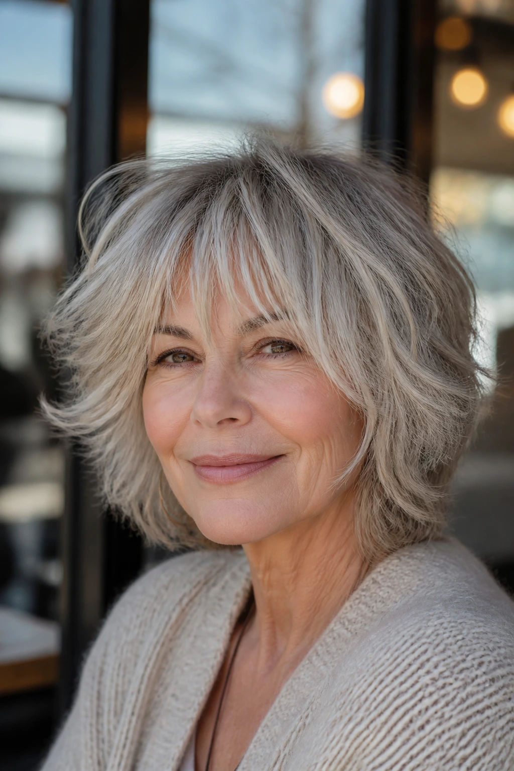 Portrait of a real woman with wispy layers creating volume in fine hair