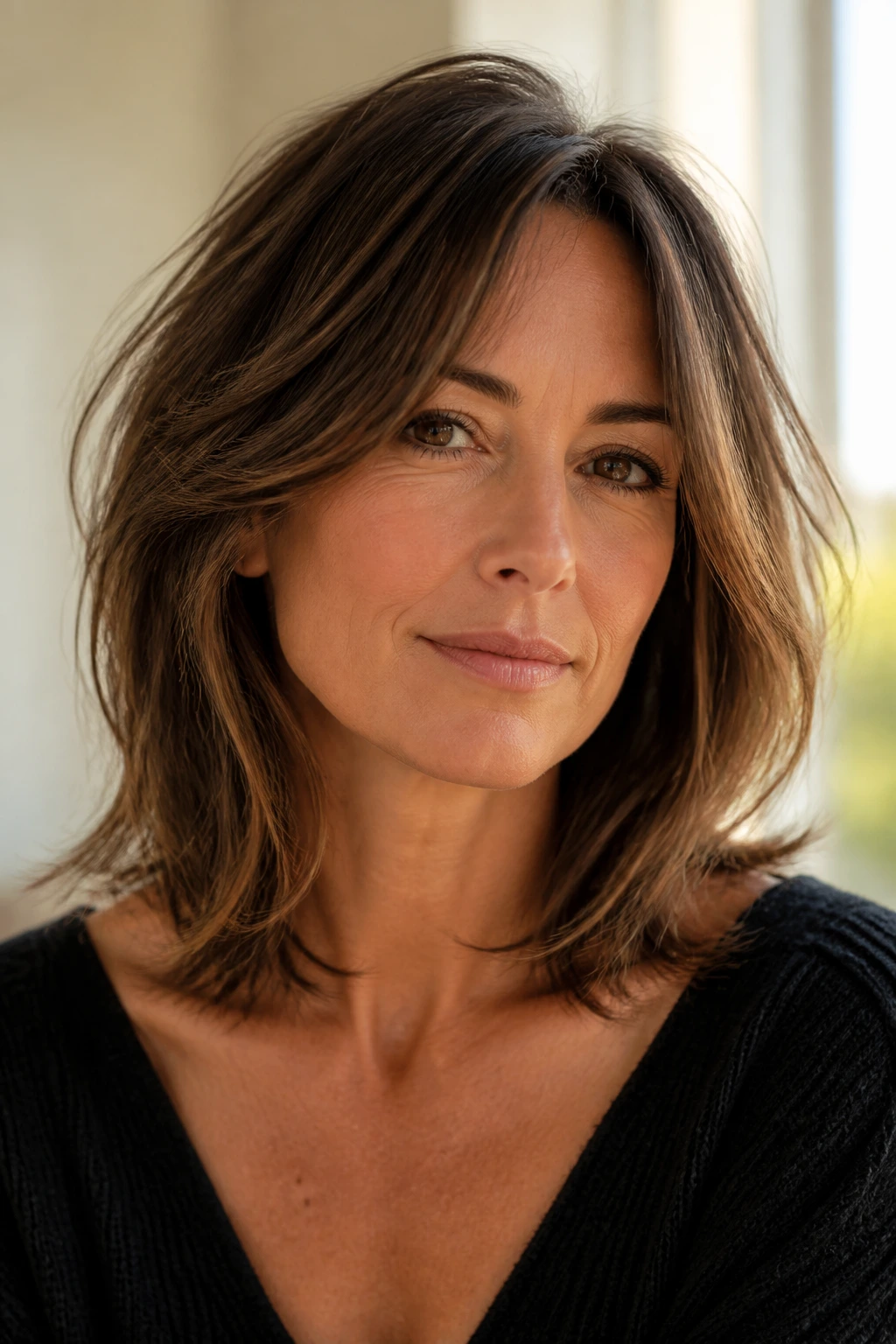 Close-up of a woman with shoulder-length hair and wispy layers