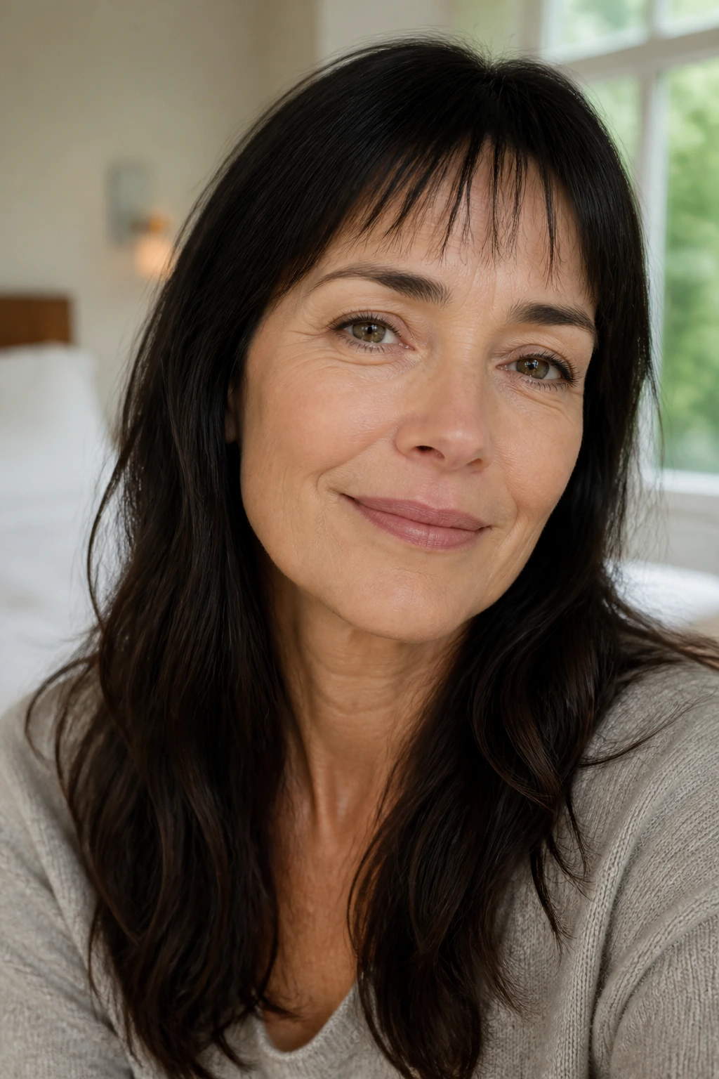 Close-up portrait of a woman with wispy micro bangs in natural light