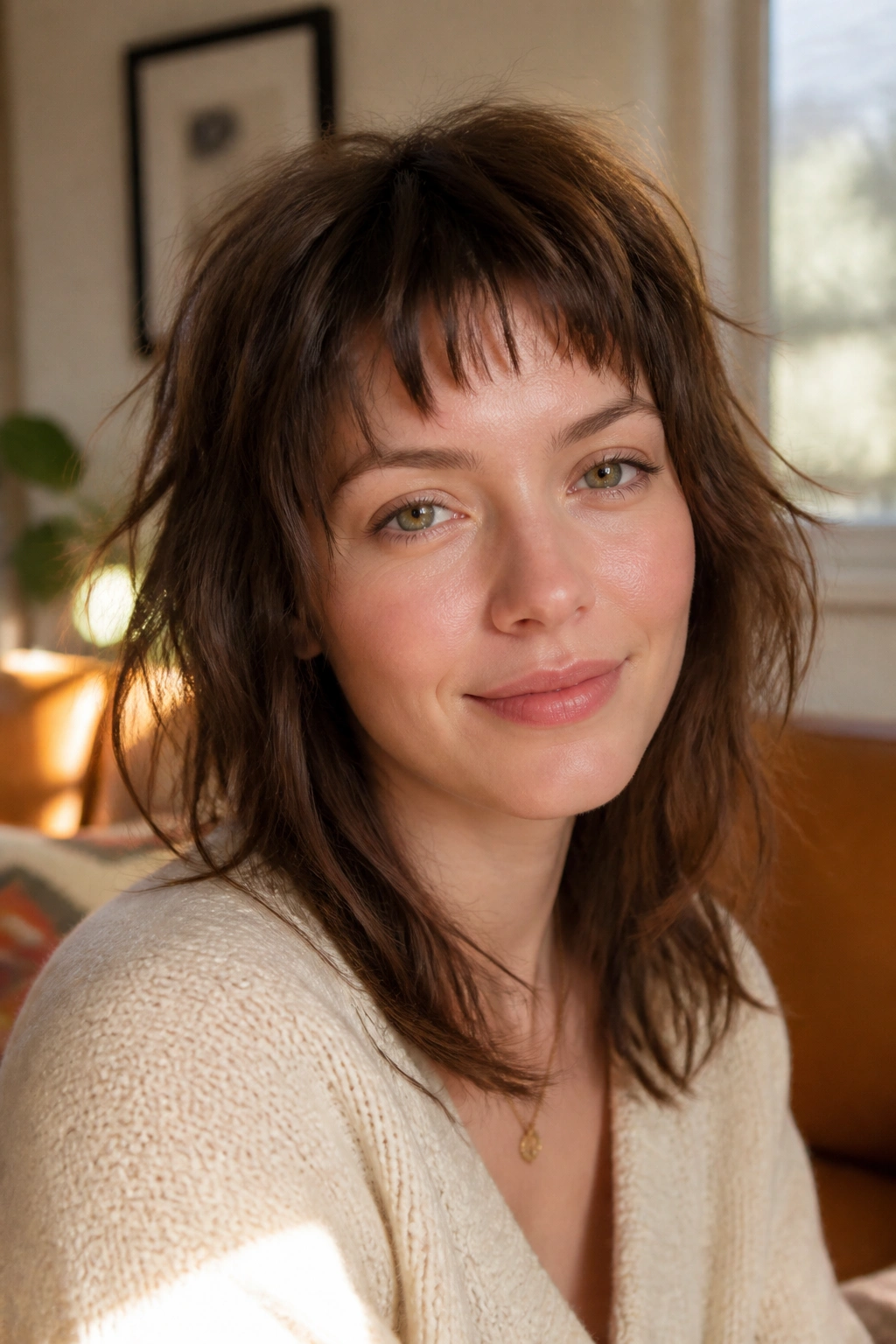 Close-up portrait of a real woman with wispy micro bangs and shag hairstyle