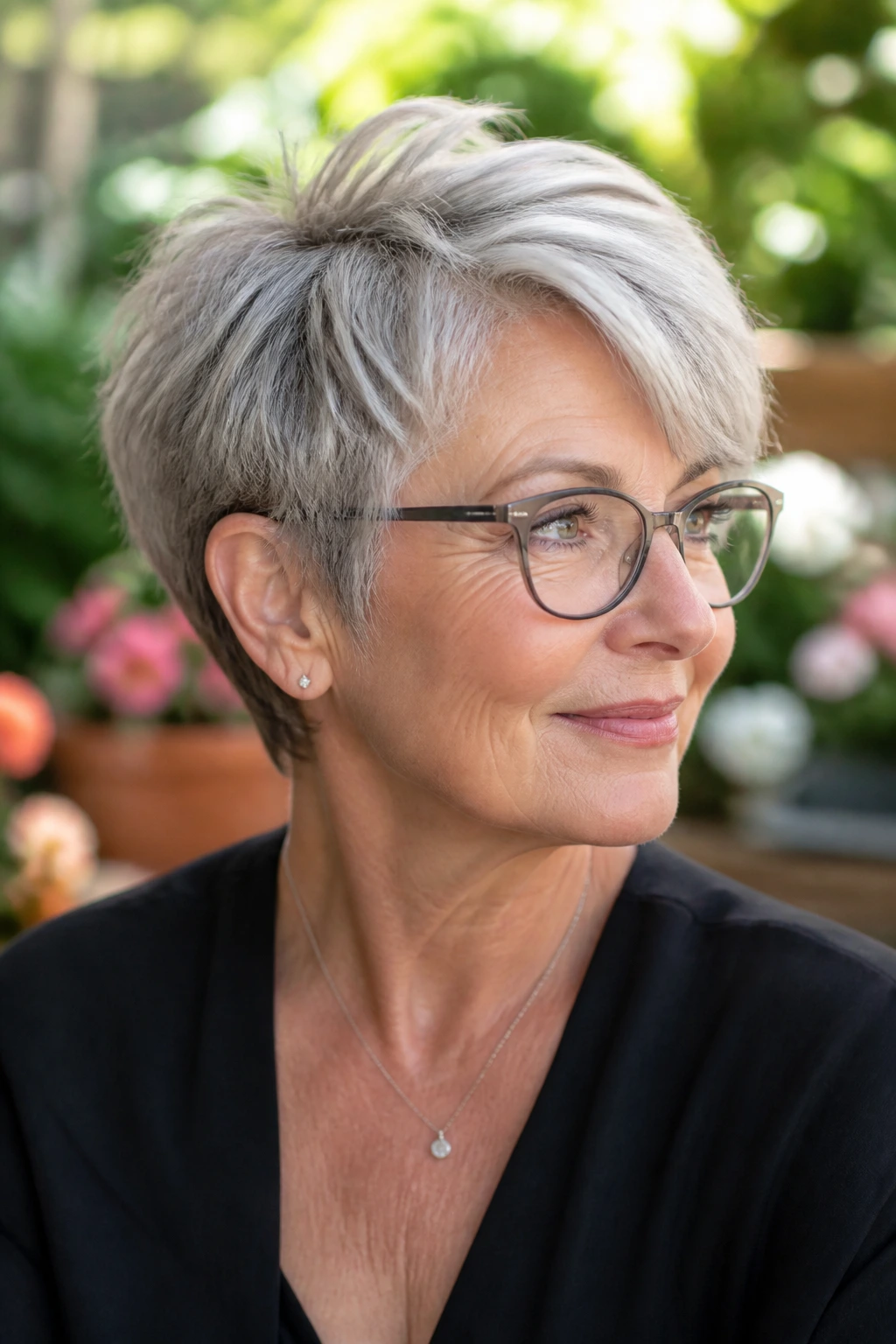 Portrait of a real woman with a wispy pixie and long top hairstyle