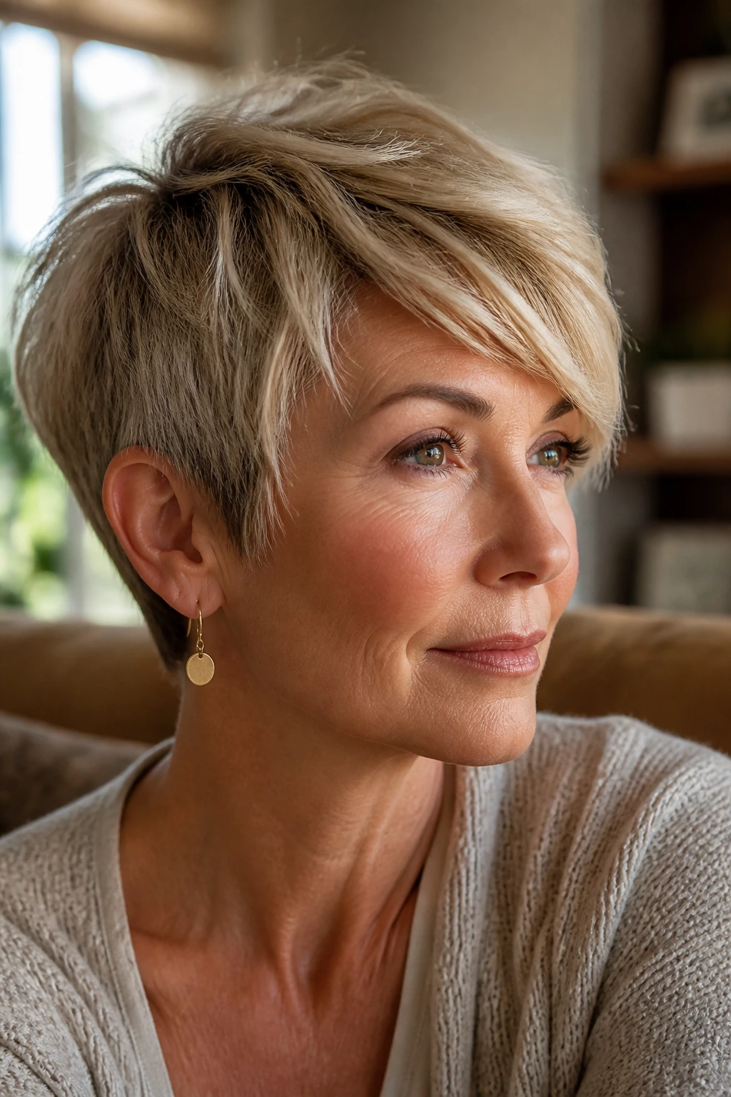 Real woman with wispy pixie and longer fringe
