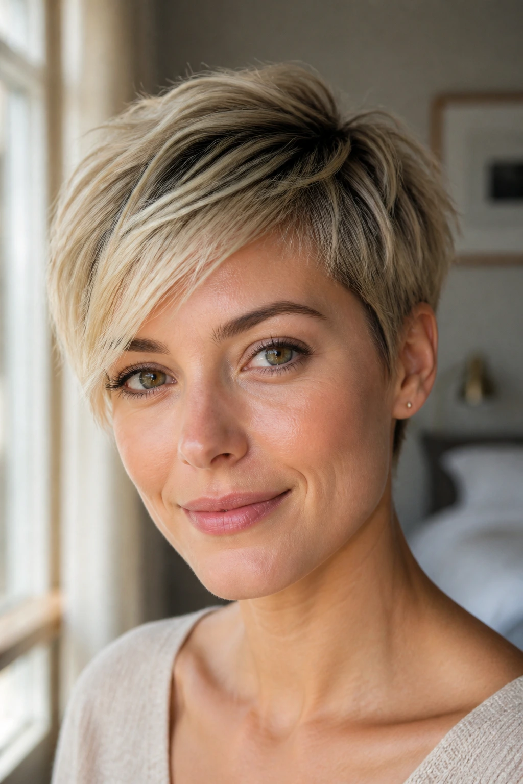 Close-up of wispy pixie with swept fringe in a sunny cozy room