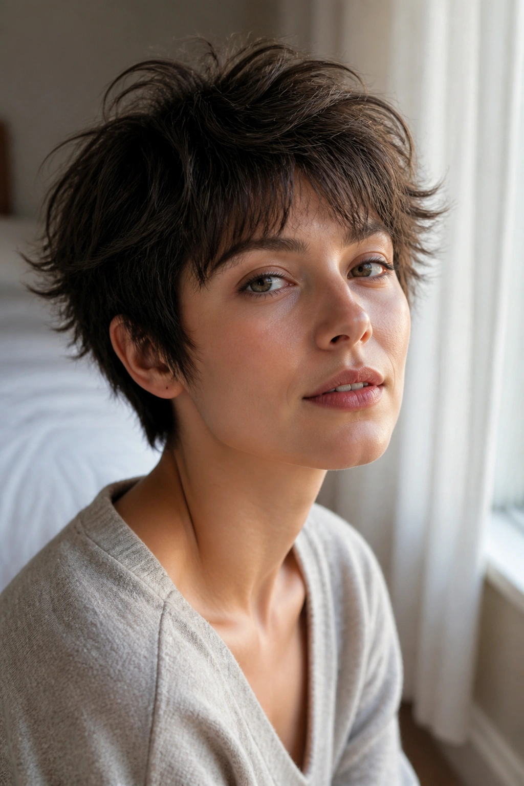 Close-up portrait of a real person with wispy airy layered pixie wolf haircut by a bright window