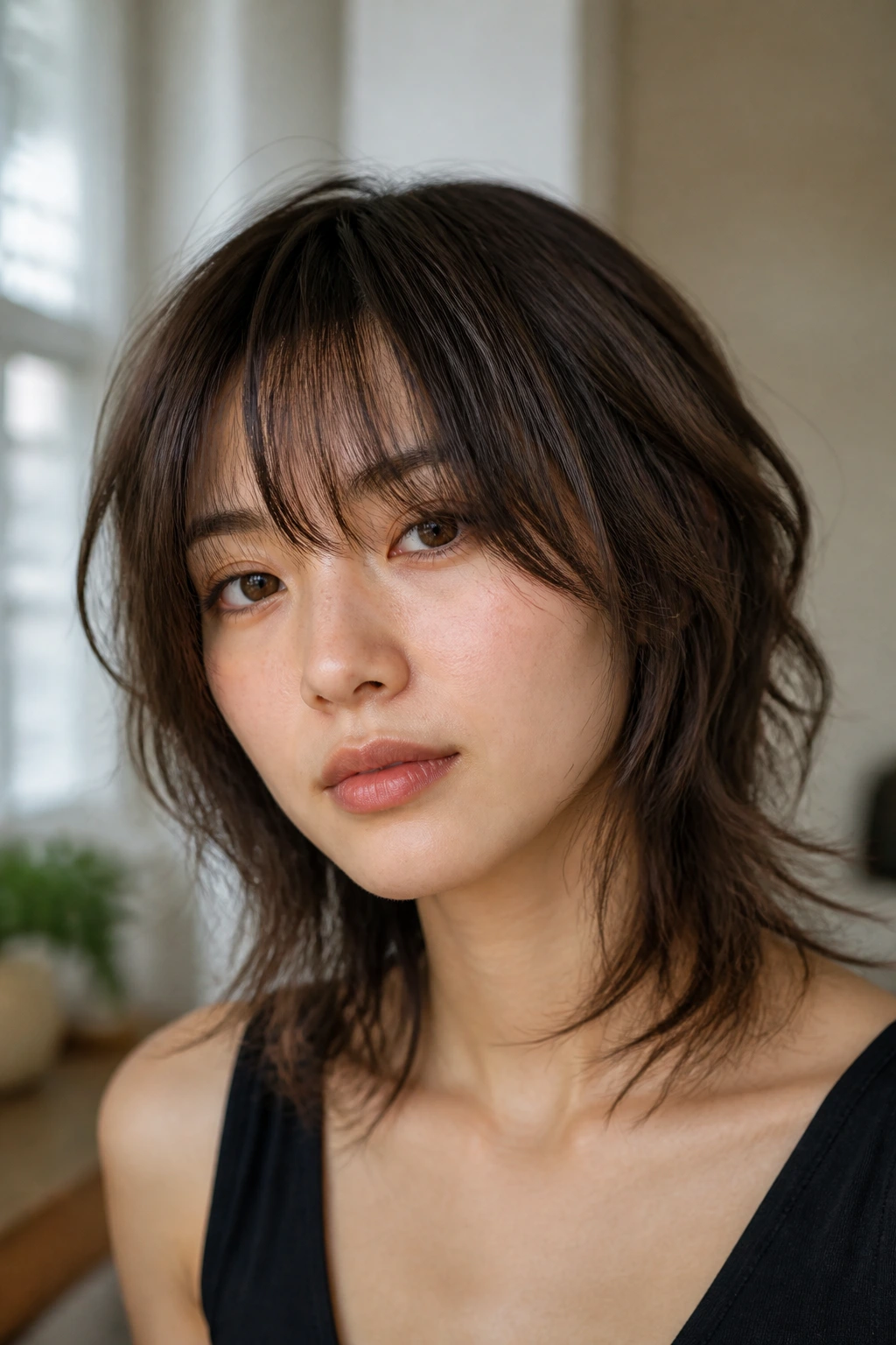 Close-up of a real woman with a wispy shag and piecey bangs in window light