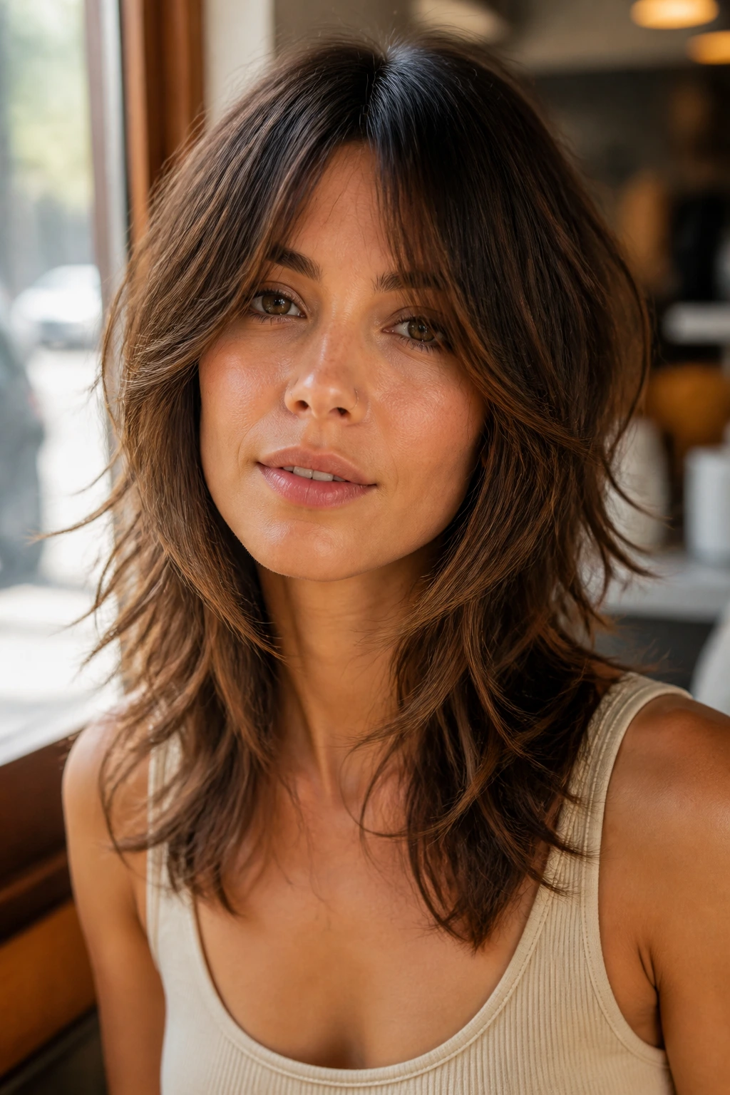 Close-up portrait of a real person with wispy shag layers around the face.
