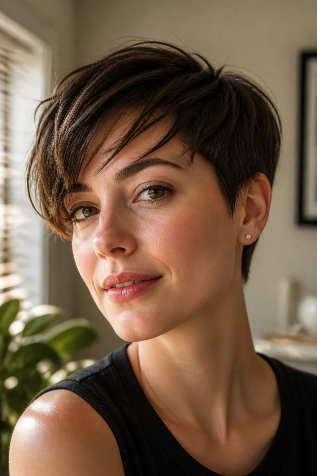 Close-up of wispy side-swept pixie bangs on a real person