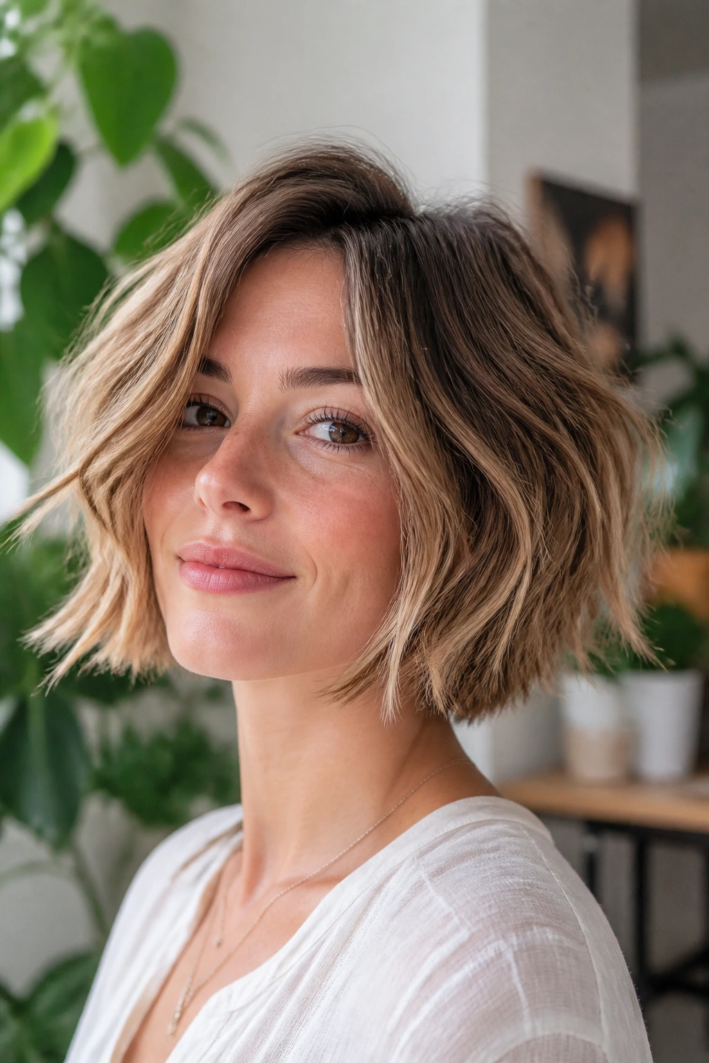 Close-up of Wispy Textured Bob on a real person showing airy texture