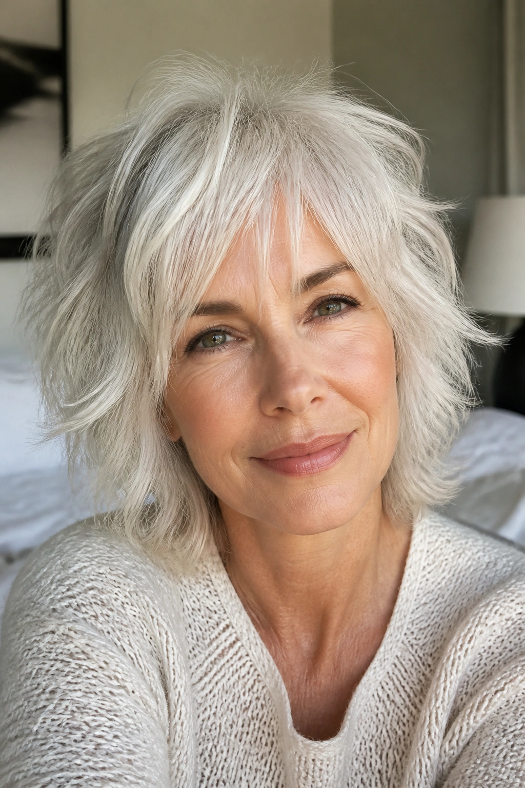 Close-up of a real woman with a wispy white shag hairstyle