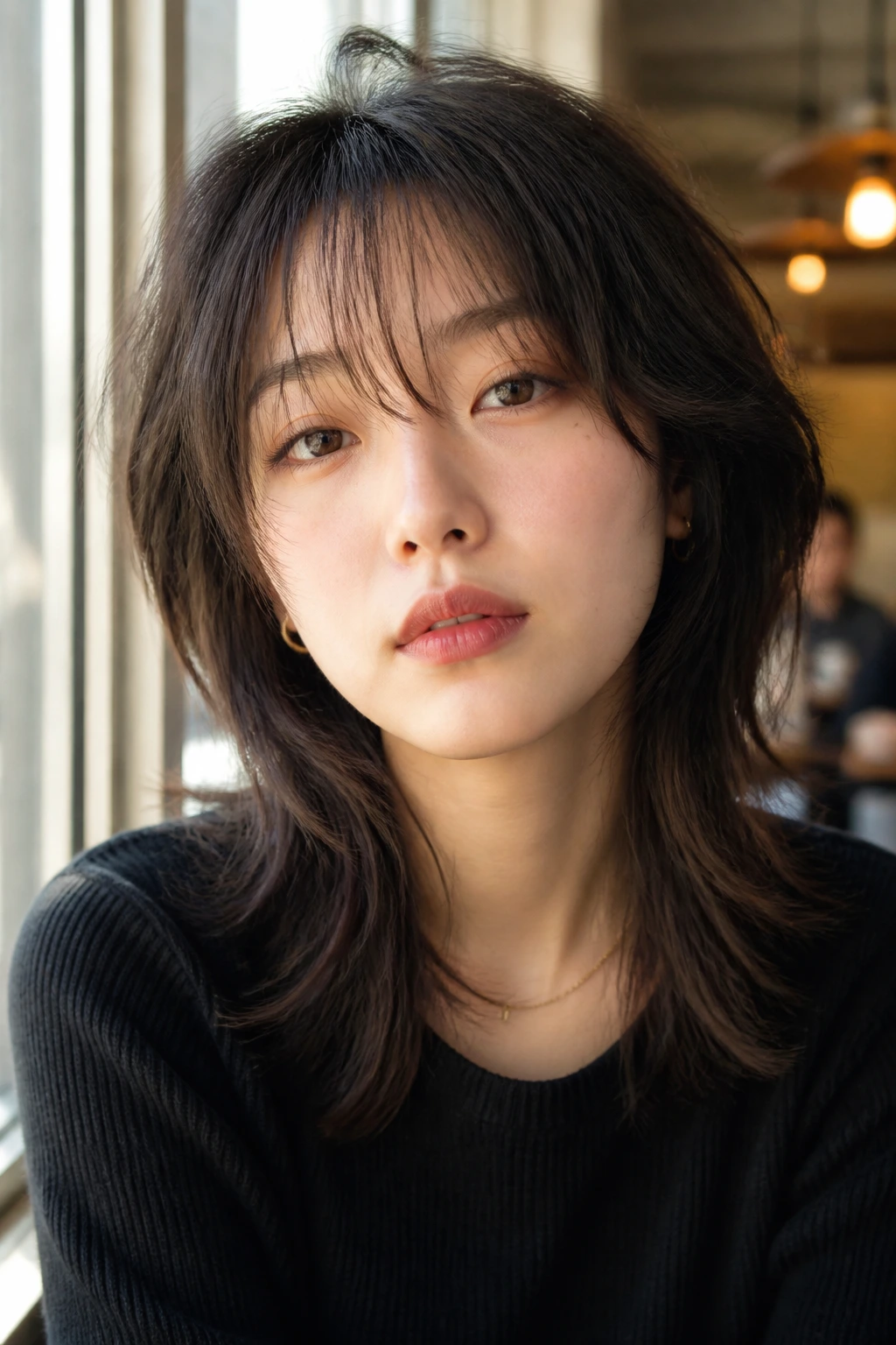 Close-up of wispy wolf cut with see-through bangs on a real woman