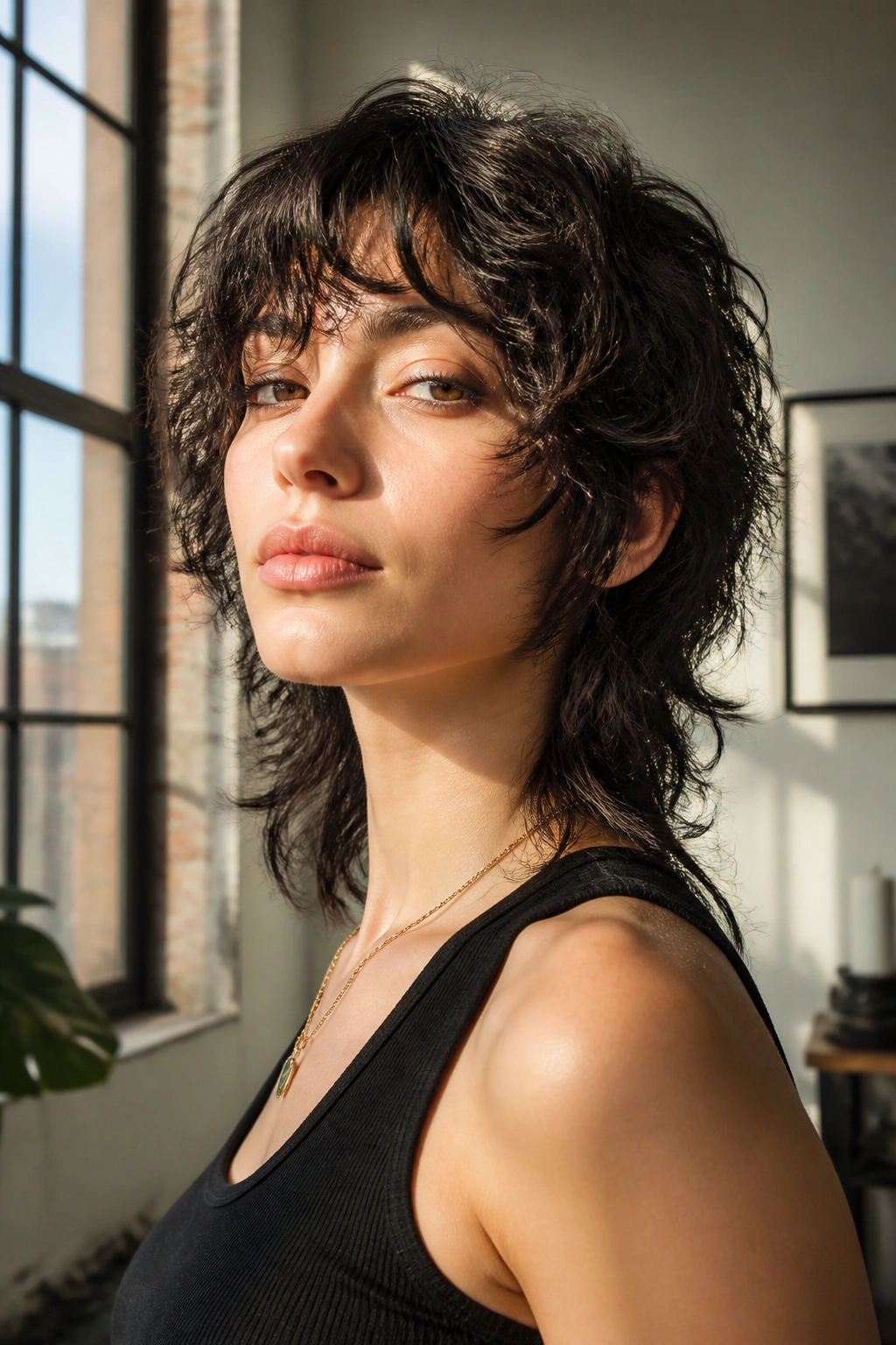 Portrait of a real woman with wispy wolf-shag perm and tapered ends.