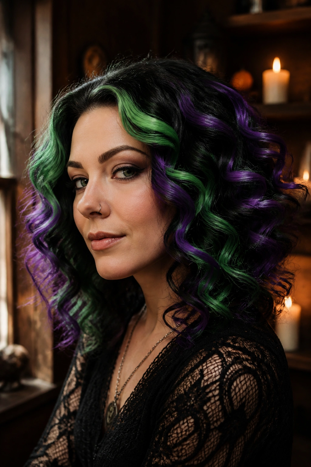 Close-up portrait of a real woman with green, violet, and black witch curls in a moody Halloween setting.