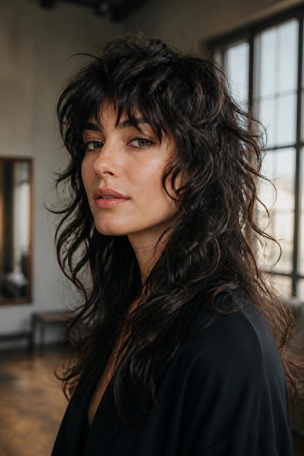 Portrait of a real woman with wolf-blend shag perm and choppy crown layers