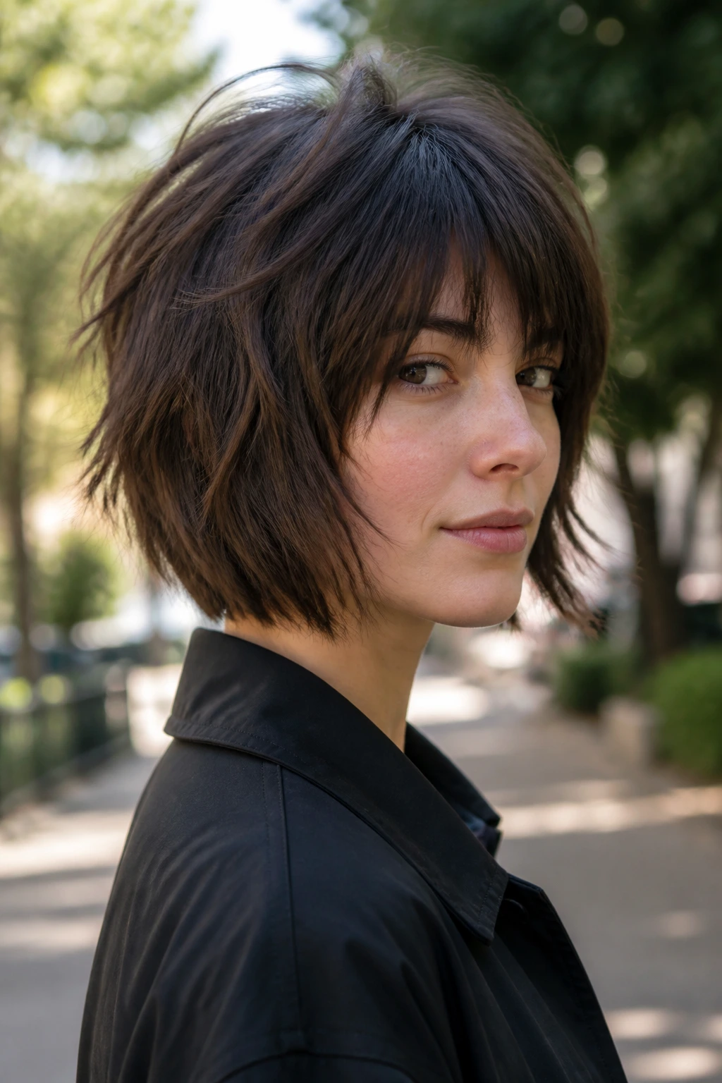 Close-up portrait of a real woman with a wolf bob and airy layers.