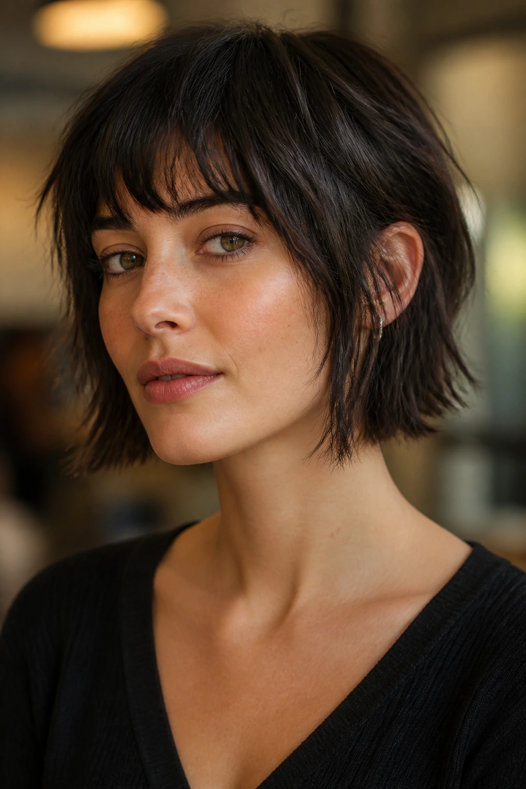 Close-up portrait of a real person with short wolf bob and chopped ends in warm light