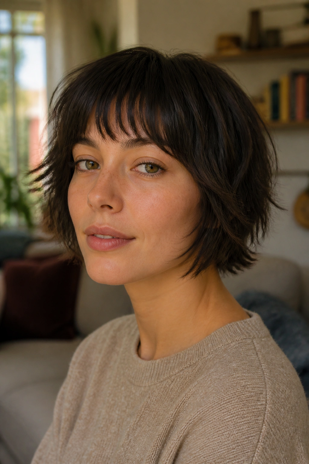 Close-up portrait of a woman with a chin-length wolf bob and curved fringe in natural window light