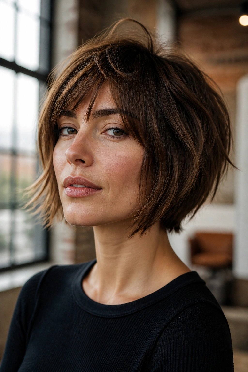 Portrait of a real person showing a wolf-bob hybrid with crown layers and bob-length, focused on the hairstyle
