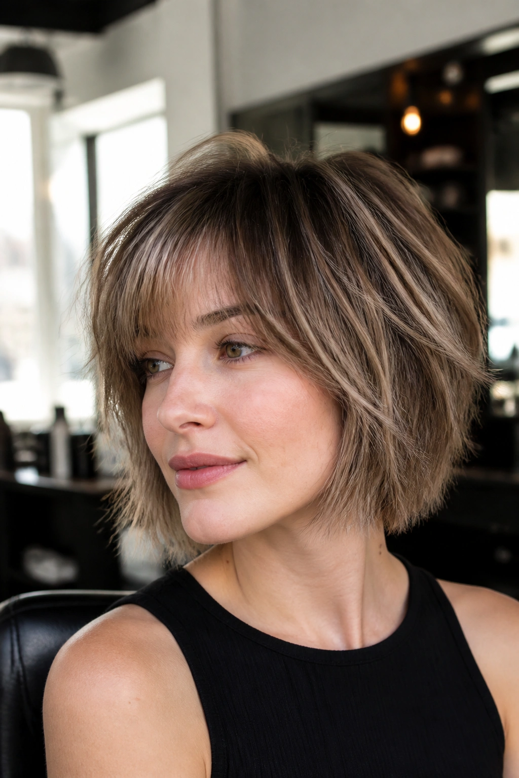 Close-up of a real woman with fine-hair razor-cut wolf bob, airy crown lift