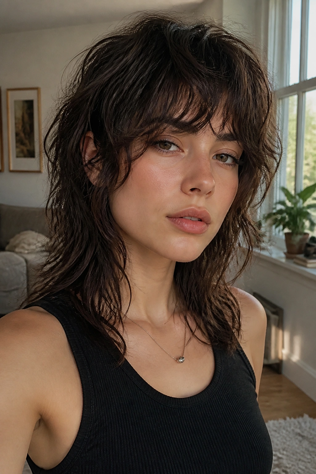 Close-up portrait of a real person with air-dry wolf cut forming natural texture in a cozy living room