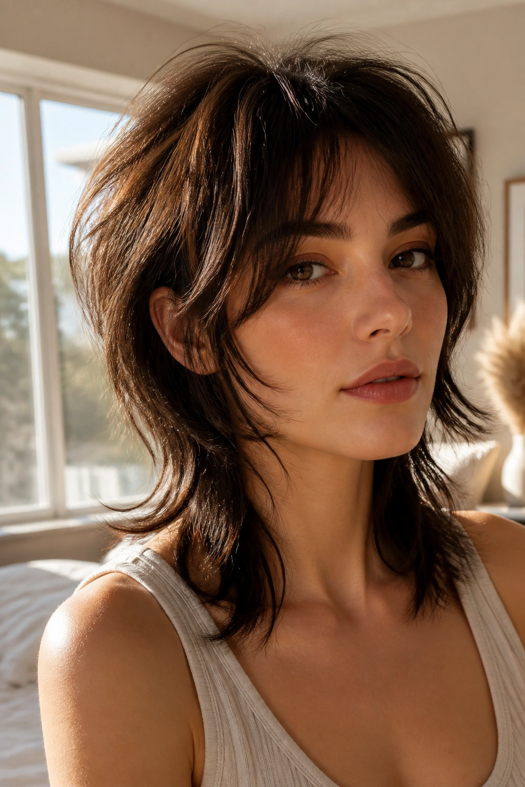 Close-up of a real woman with a wolf cut and airy crown in a sunlit bedroom