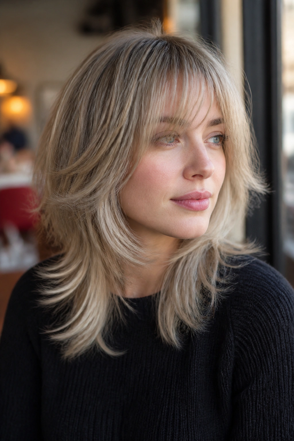 Close-up portrait of a real woman with ash-blonde wolf cut and feathered bangs in cafe-style light