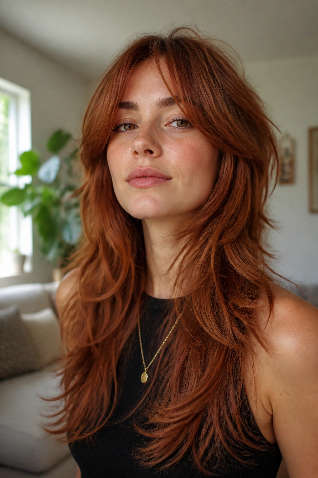 Close-up portrait of a real woman with Long Auburn Wolf Cut with Feathered Layers in bright natural light