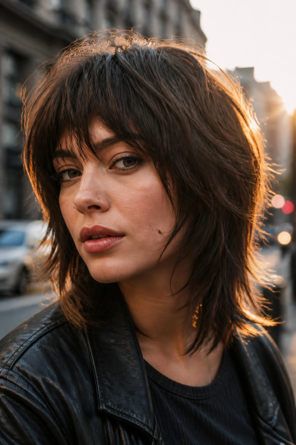 Close-up portrait of a real woman with wolf cut bangs and choppy layers