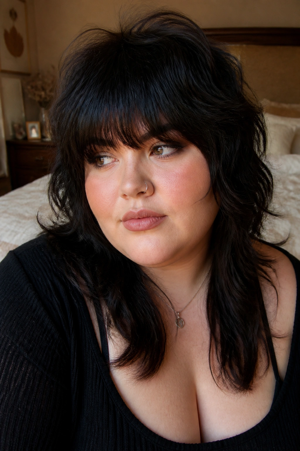 Close-up of real woman with wolf cut and heavy full bangs