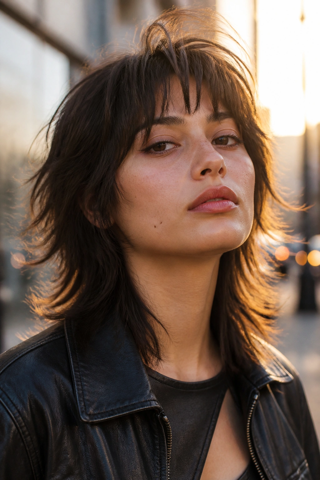 Close-up of a real person with a wolf cut and broken bangs on an urban street at golden hour.
