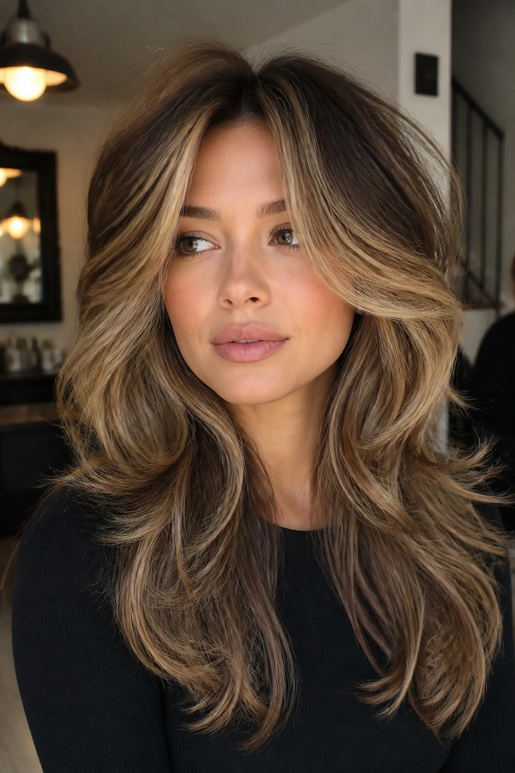 Portrait of a real woman with a voluminous blowout on a long wolf cut.