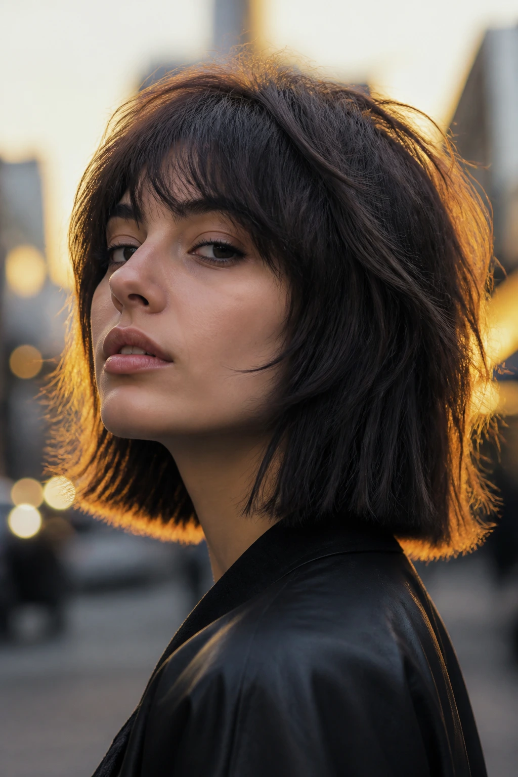 Close-up portrait of a real person with wolf cut bob blunt baseline