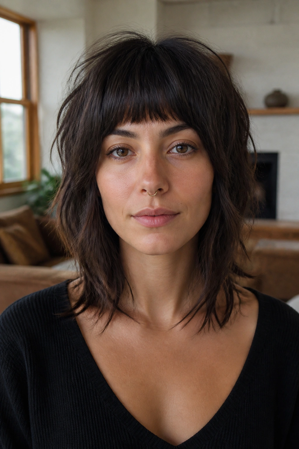 Front portrait of a real woman with wolf cut and blunt fringe