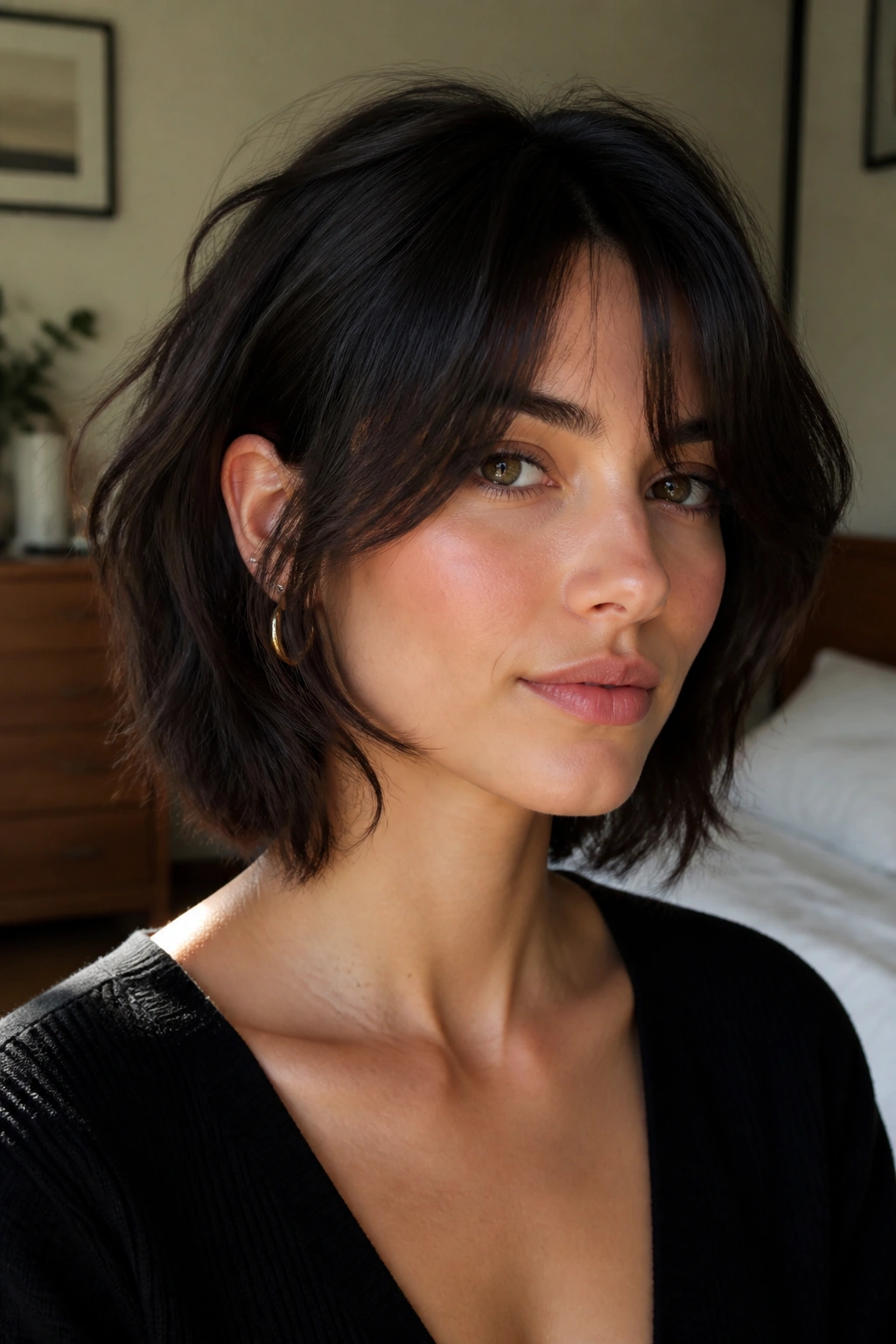 Close-up of a real woman with a Wolf Cut Bob for Thick Hair, textured ends and cheekbone movement